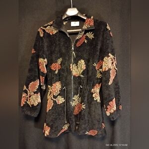 Black Mountain Outdoor Fleece Jacket Womens Small Black Pine Cone Floral Fullzip